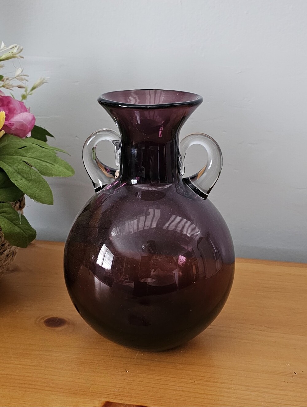 Vintage Blenko 9623 Amethyst Art Glass Vase with Applied Clear Glass Handles